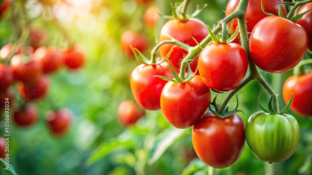 Close-up of red ripe tomatoes hanging from a leafy green tomato plant stem, tomato plant, produce Close-up of red ripe tomatoes hanging from a leafy green tomato plant stem, tomato plant, produce