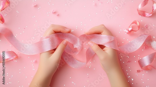 Delicate Hands Holding Pink Satin Ribbon Against Sparkling Background for Festive Decor : Generative AI