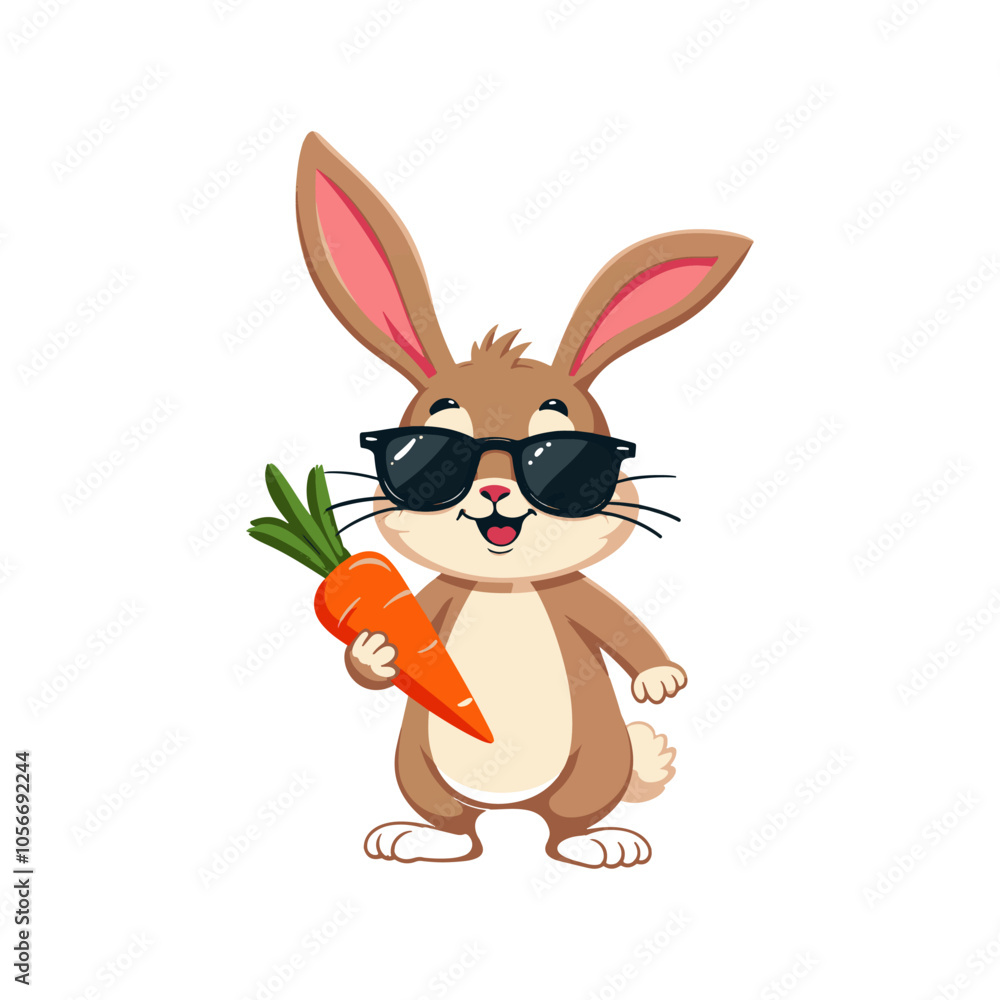 Fototapeta premium Cute bunny holding a carrot vector illustration. Funny bunny mascot logo idea. Rabbit wearing a sunglass cartoon vector 