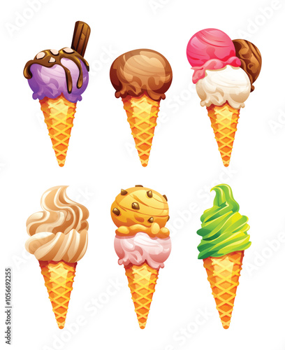 Set of ice cream cones with different scoops, flavors, and toppings. Vector cartoon illustration