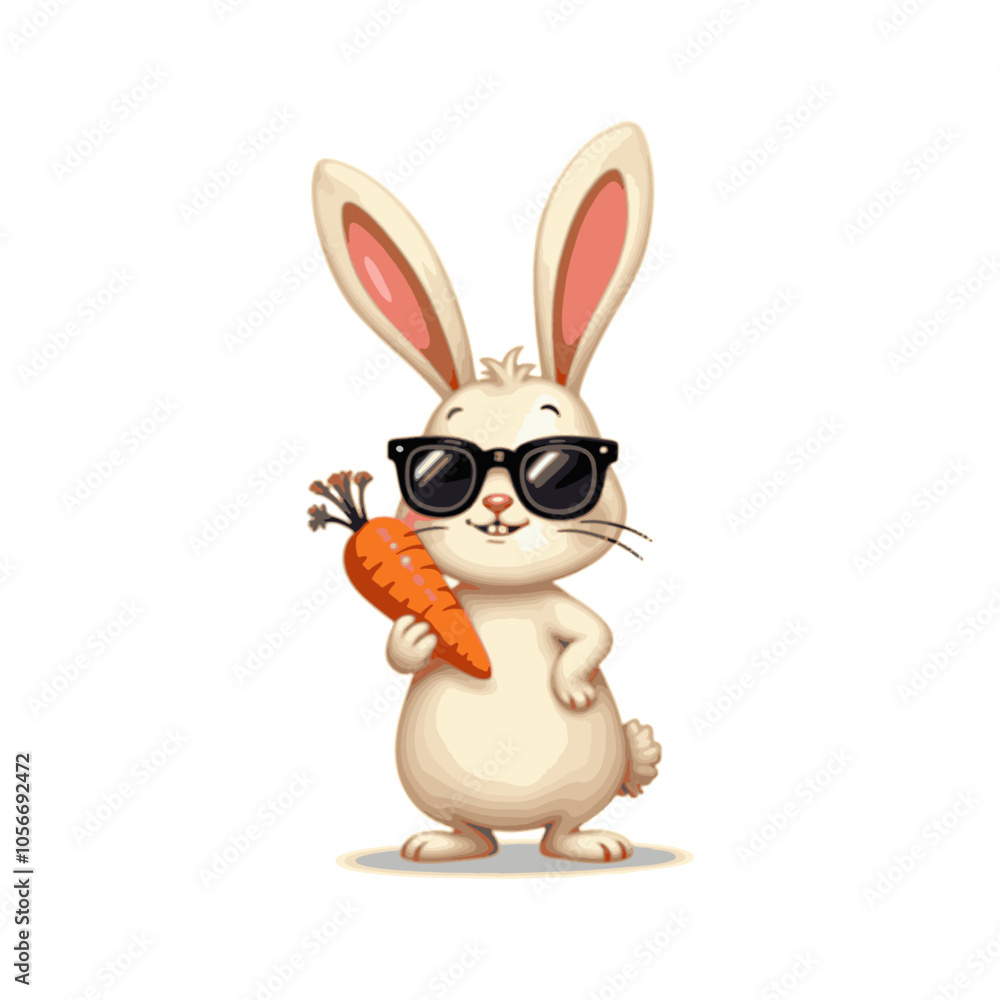 Fototapeta premium Cute bunny holding a carrot vector illustration. Funny bunny mascot logo idea. Rabbit wearing a sunglass cartoon vector 