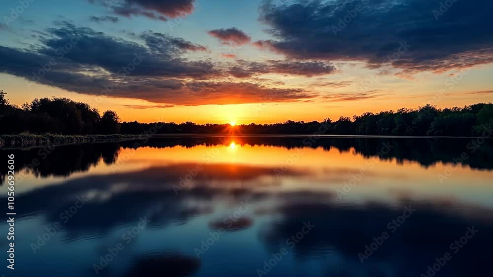 A calm lake reflects the setting sun, creating a beautiful, orange glow across the water A calm lake reflects the setting sun, creating a beautiful, orange glow across the water