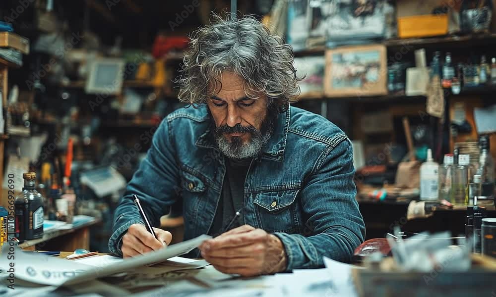 A man in a denim jacket examines papers in a creative workspace. A man in a denim jacket examines papers in a creative workspace.