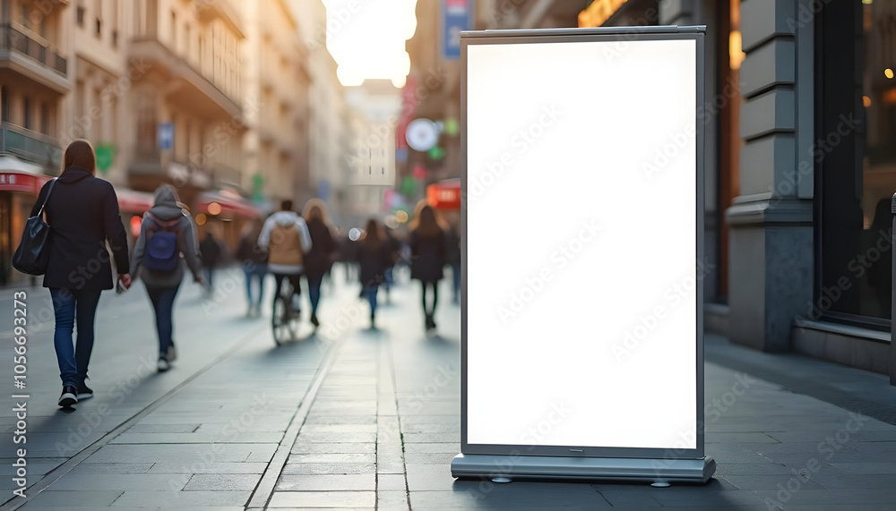 Empty advertising display stand on city street with copy space and blurred pedestrians and bicycles
Empty advertising display stand on city street with copy space and blurred pedestrians and bicycles