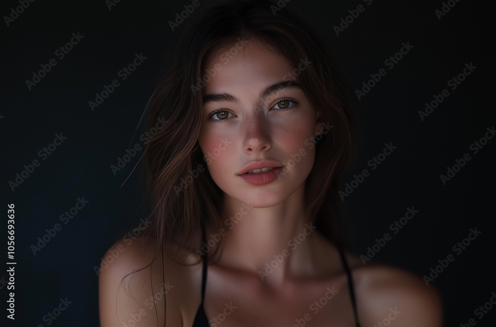 Beautiful brunette woman with long hair, wearing a black tank top, in soft lighting, in a studio setting, portrait photography with cinematic lighting, against a dark background Beautiful brunette woman with long hair, wearing a black tank top, in soft lighting, in a studio setting, portrait photography with cinematic lighting, against a dark background