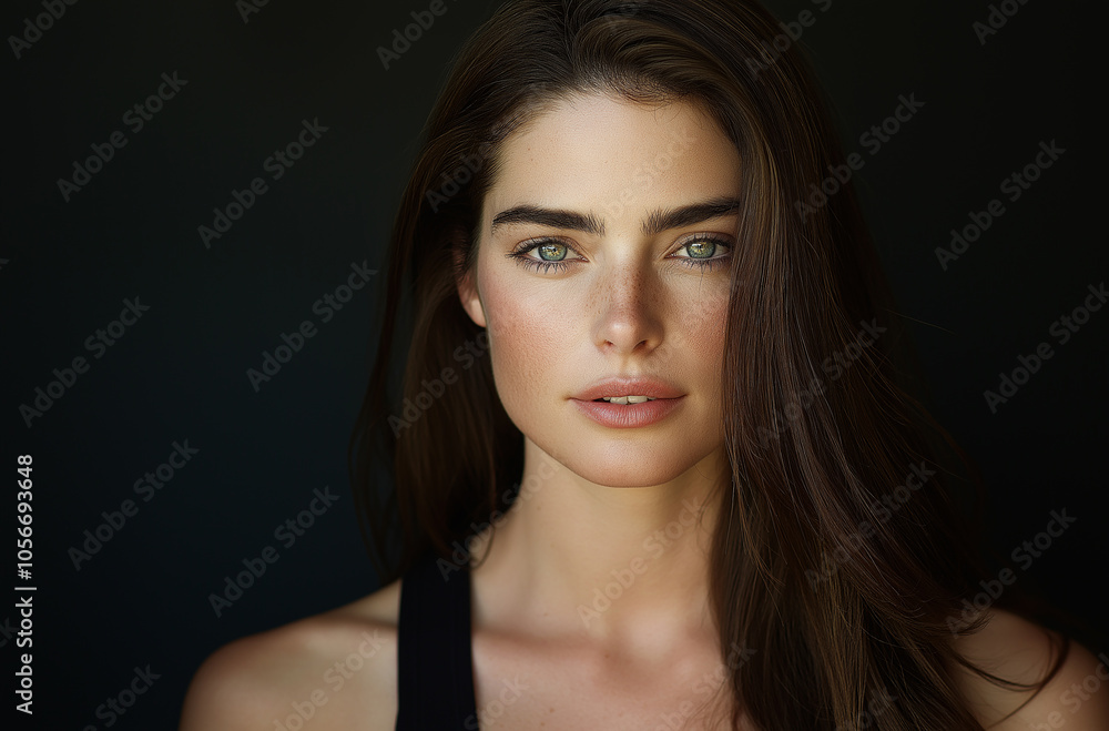 Fototapeta premium Beautiful brunette woman with long hair, wearing a black tank top, in soft lighting, in a studio setting, portrait photography with cinematic lighting, against a dark background