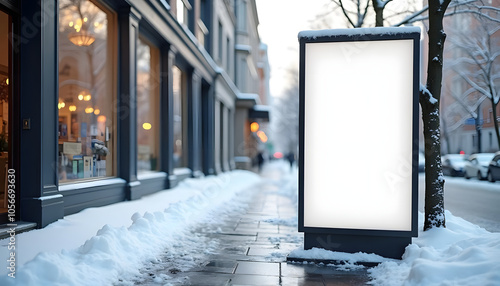 Blank advertising display on snowy sidewalk in city with copy space and blurred pedestrians during winter
