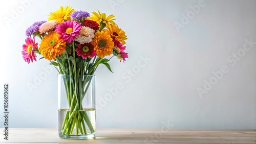 Wallpaper Mural Colorful bouquet of long-stemmed flowers in a clear glass vase with a simple white background, bright colors, flower arrangement Torontodigital.ca