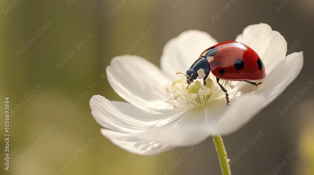 Close up of a red ladybug navigating a fragile white flower showcasing the essence of springtime beauty Close up of a red ladybug navigating a fragile white flower showcasing the essence of springtime beauty