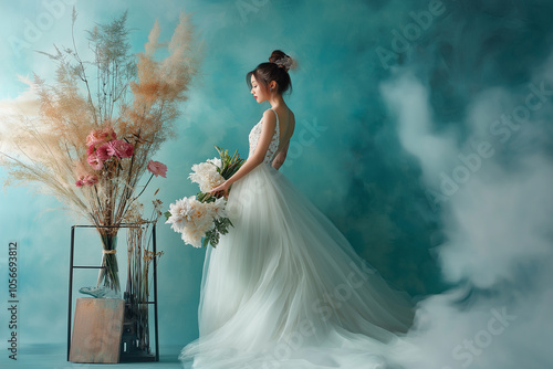 Photograph of woman in a white wedding dress, holding a bouquet and standing in front of a wall with blue paint
