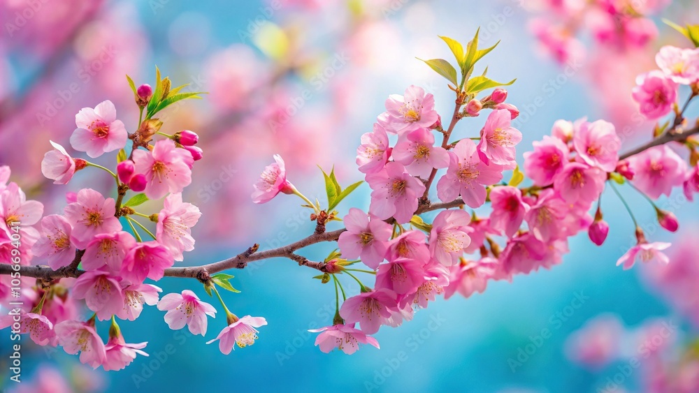 Colorful Japanese cherry blossom tree branch with vibrant pink flowers against a soft blue background, tree, branch, tranquil Colorful Japanese cherry blossom tree branch with vibrant pink flowers against a soft blue background, tree, branch, tranquil