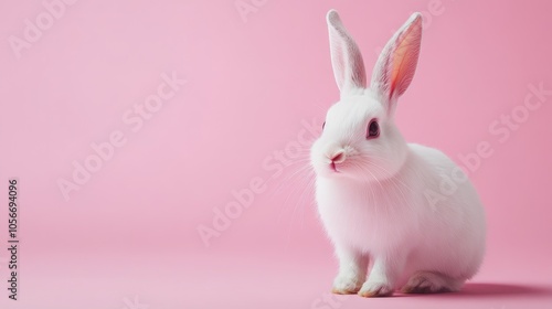 Adorable white rabbit displaying a joyful expression on a solid background perfect for festive greetings and decorations