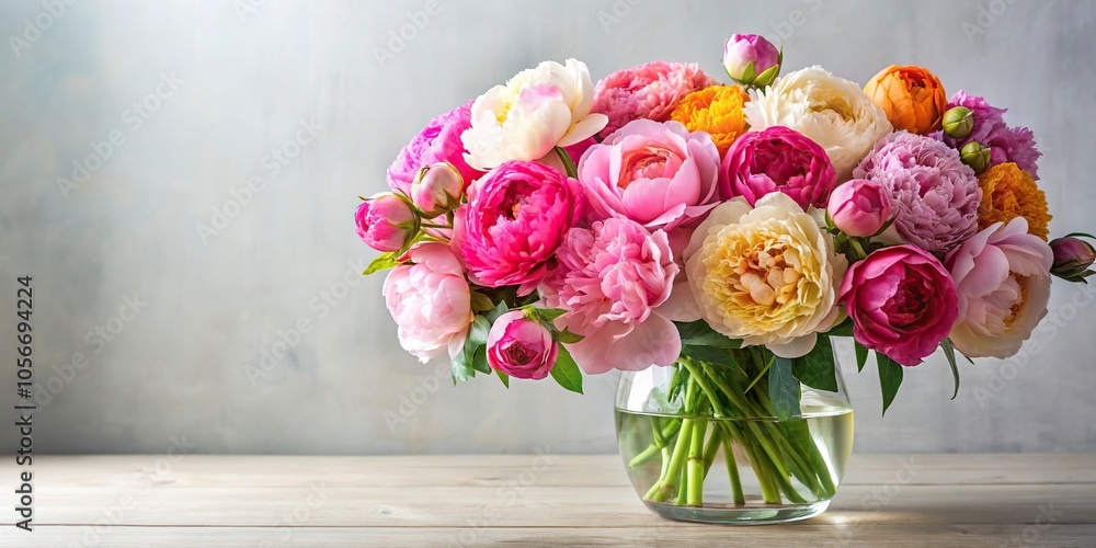 Obraz premium Colorful peonies and roses blooming in a large vase against a subtle background, roses, home decor