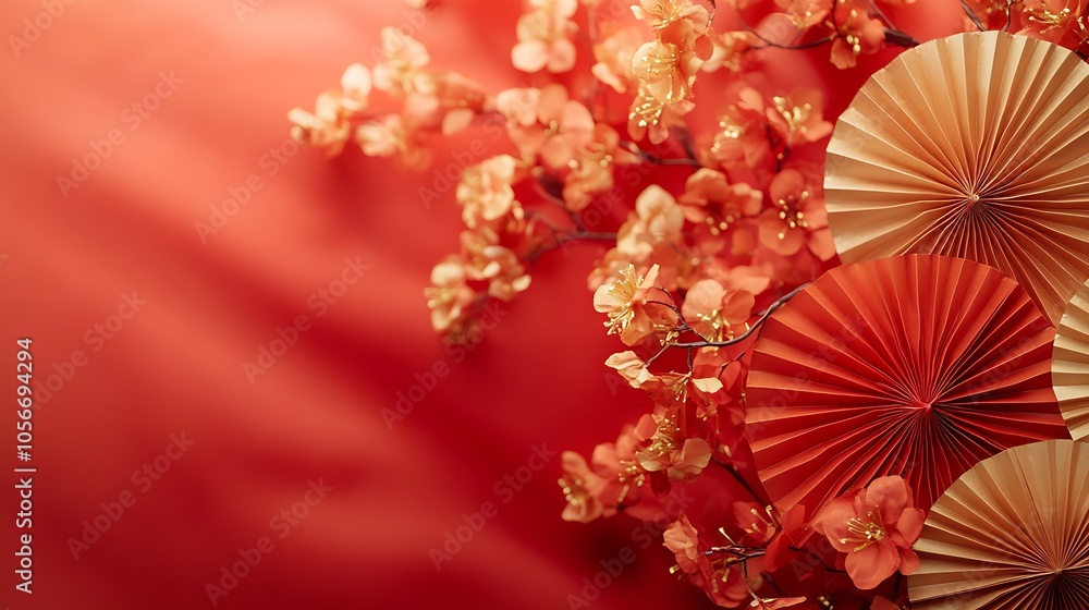 Obraz premium Soft and Vibrant Red Floral Arrangement with Fan on Warm Background : Generative AI