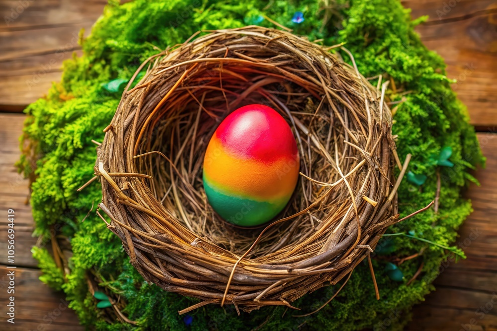 Brightly colored Easter egg resting in a natural nest, perfect for springtime celebrations and charming decorations that embrace the beauty of nature. Brightly colored Easter egg resting in a natural nest, perfect for springtime celebrations and charming decorations that embrace the beauty of nature.
