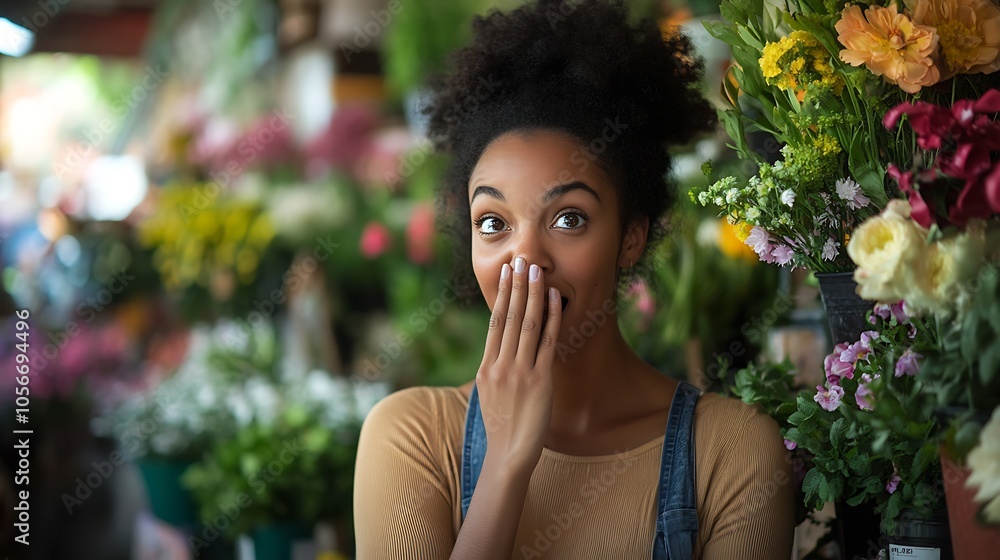 Fototapeta premium Surprised Woman in Flower Shop with Natural Hair and Expressive Expression : Generative AI