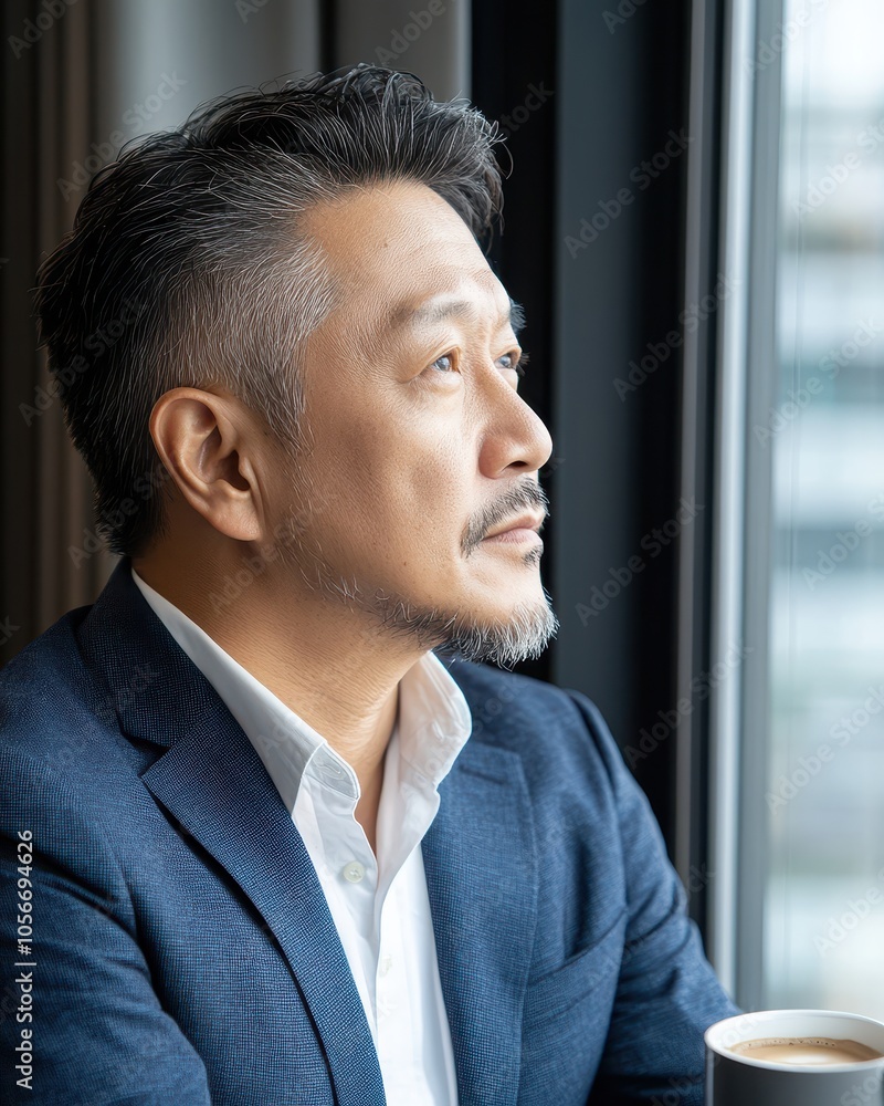 Asian Office Worker Gazing Thoughtfully Out Window Asian Office Worker Gazing Thoughtfully Out Window