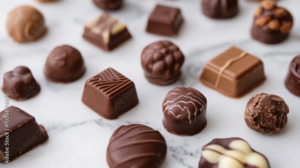 Assorted chocolate pieces on a white marble surface Assorted chocolate pieces on a white marble surface