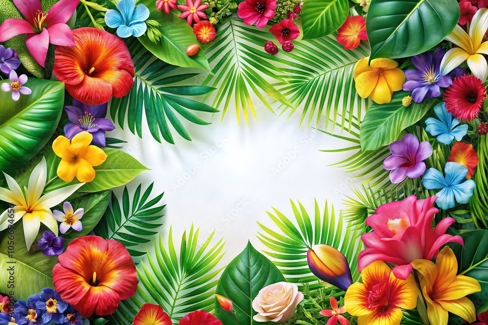 Bright tropical floral frame, perfect for invitations, greeting cards, and home decor—adds a festive touch to all your summer celebrations and gatherings. Bright tropical floral frame, perfect for invitations, greeting cards, and home decor—adds a festive touch to all your summer celebrations and gatherings.