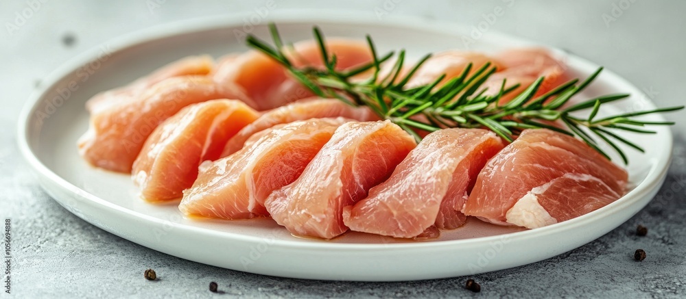 Raw Sliced Chicken Meat On A White Plate Raw Sliced Chicken Meat On A White Plate