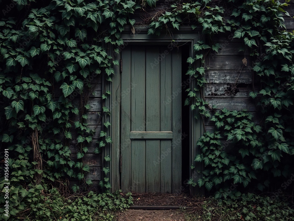 Creepy haunted antique wooden door with peeling paint and overgrown vines, set on an old plantation, scary, overgrown, plantation Creepy haunted antique wooden door with peeling paint and overgrown vines, set on an old plantation, scary, overgrown, plantation