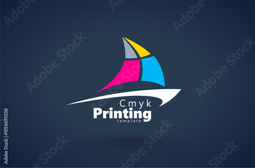 Logo Сmyk Printing theme sailboat illustration silhouette. Template design vector. Black background.
