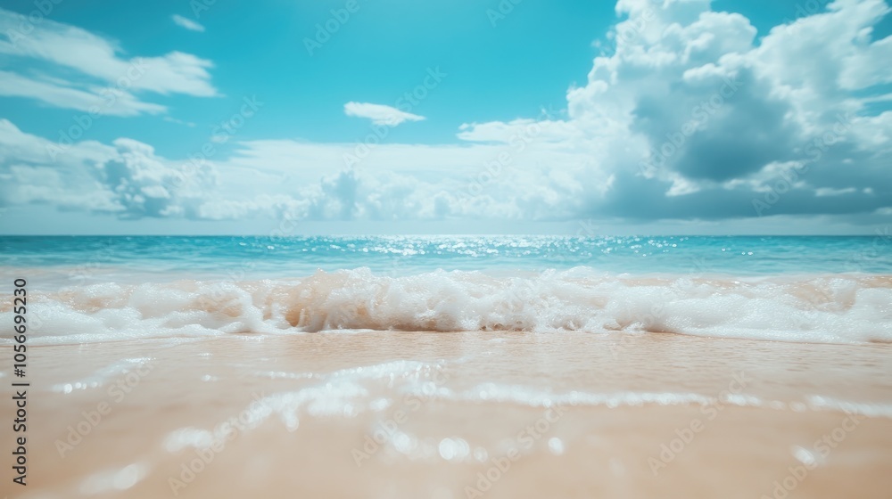 Tropical beach scene with golden sand blue sky and white clouds Glare on the water creates a defocused landscape ideal for summer vacation concepts and copy space Tropical beach scene with golden sand blue sky and white clouds Glare on the water creates a defocused landscape ideal for summer vacation concepts and copy space