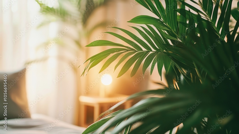 Close up of vibrant tropical palm leaves with a soft blurred background of a cozy bedroom embodying an urban jungle interior style Close up of vibrant tropical palm leaves with a soft blurred background of a cozy bedroom embodying an urban jungle interior style