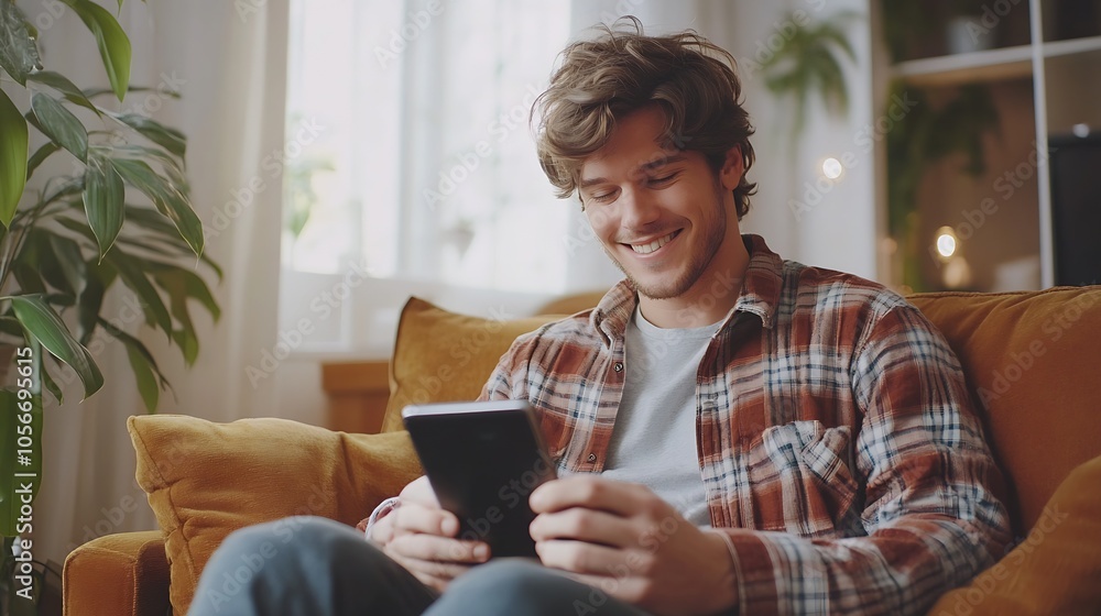 Joyful Man Relaxing at Home Enjoying Online Content on Tablet Device : Generative AI Joyful Man Relaxing at Home Enjoying Online Content on Tablet Device : Generative AI