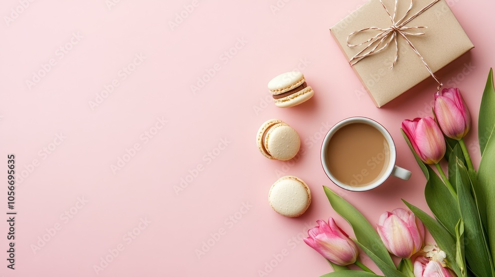 Morning coffee macarons a gift box and spring tulips on a pink backdrop A lovely breakfast arrangement for special occasions Flat lay composition Morning coffee macarons a gift box and spring tulips on a pink backdrop A lovely breakfast arrangement for special occasions Flat lay composition