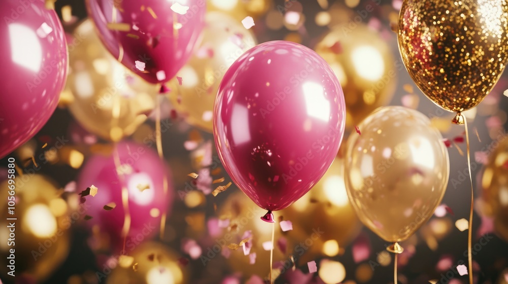 Stylish metallic pink and gold balloons adorned with confetti creating a romantic and festive atmosphere for various celebrations Stylish metallic pink and gold balloons adorned with confetti creating a romantic and festive atmosphere for various celebrations