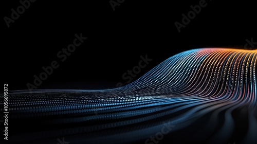 Fototapeta Naklejka Na Ścianę i Meble -  Black background with a blue and orange line. The line is made up of small dots. The image is abstract and has a futuristic feel to it
