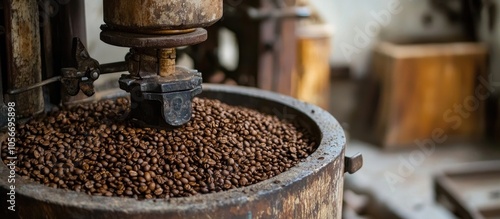 Old Coffee Mill Covered With Coffe Beans