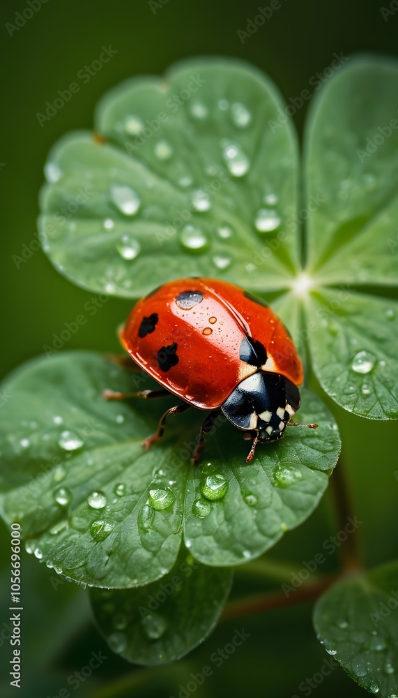 Captivating Macro Shot of a Vibrant Red Ladybug Resting on a Lush Four-Leaf Clover, Perfect for Nature Lovers and Insect Enthusiasts Captivating Macro Shot of a Vibrant Red Ladybug Resting on a Lush Four-Leaf Clover, Perfect for Nature Lovers and Insect Enthusiasts