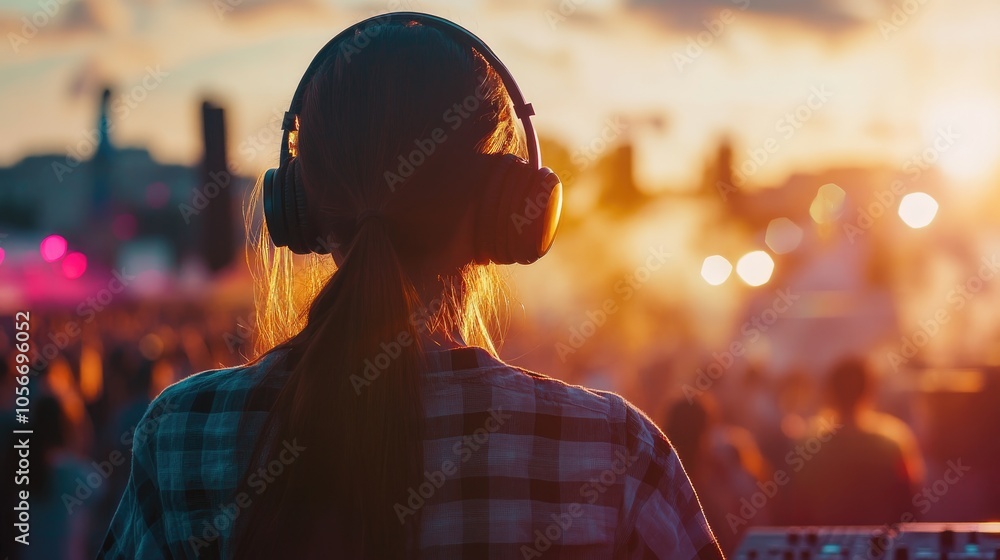 Attractive young female DJ with headphones energetically performing music at a vibrant summer festival Attractive young female DJ with headphones energetically performing music at a vibrant summer festival