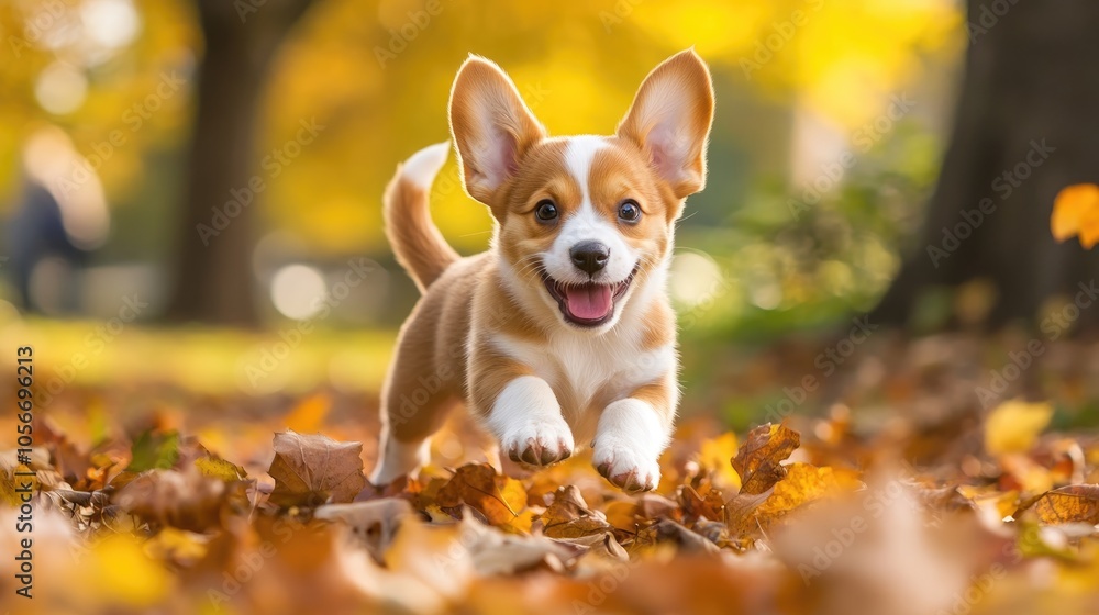 Joyful and playful puppy running through colorful leaves exuding happiness in an autumn setting Joyful and playful puppy running through colorful leaves exuding happiness in an autumn setting