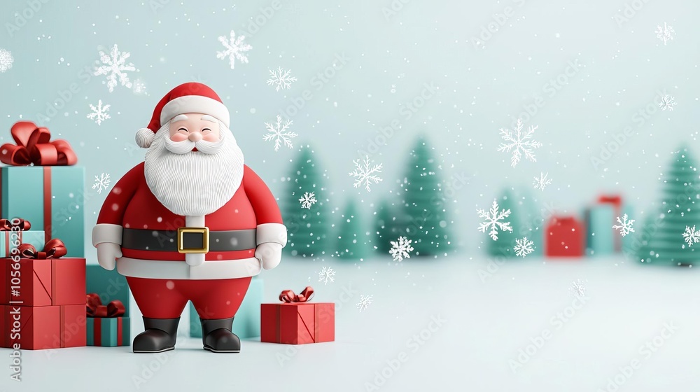 Santa Claus in 3D with snowflakes falling gently, minimalist style, soft lighting on a white background, Santa Snowflakes, Christmas Spirit Santa Claus in 3D with snowflakes falling gently, minimalist style, soft lighting on a white background, Santa Snowflakes, Christmas Spirit