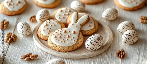 Tasty Bunny Cookies With And Without Icing And Quail Eggs On The Light Wooden Surface Close Up Easter Mood