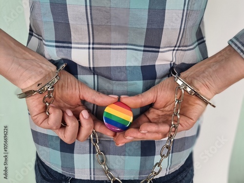 A person holding a rainbow pride button while in handcuffs, symbolizing activism and social justice, in a public space photo