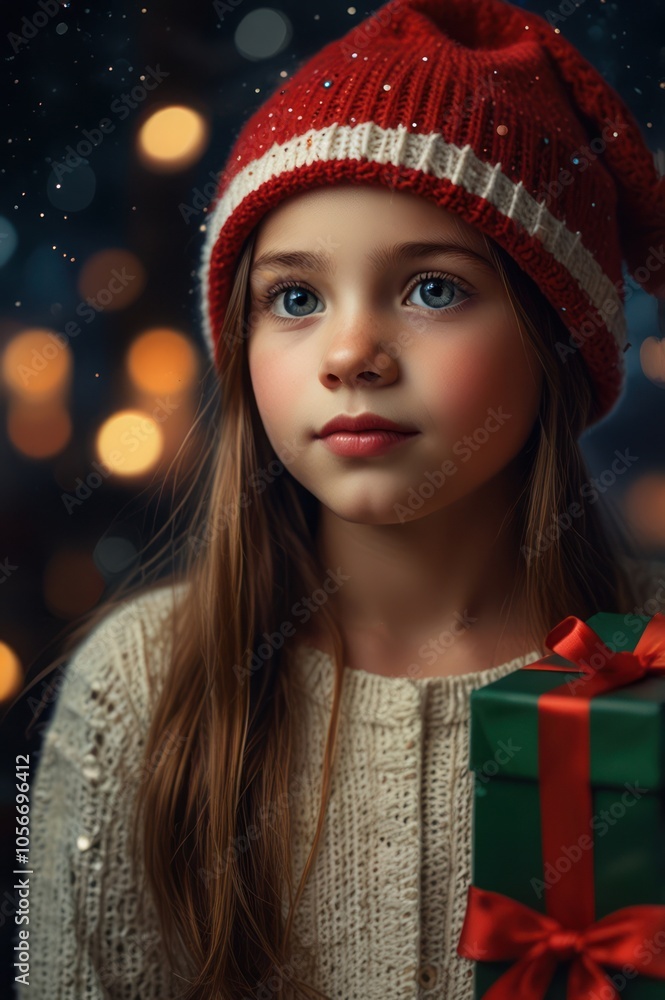 A young woman wearing a beautiful winter dress like Santa Claus, wearing a red winter hat, as if she wants to celebrate Christmas.