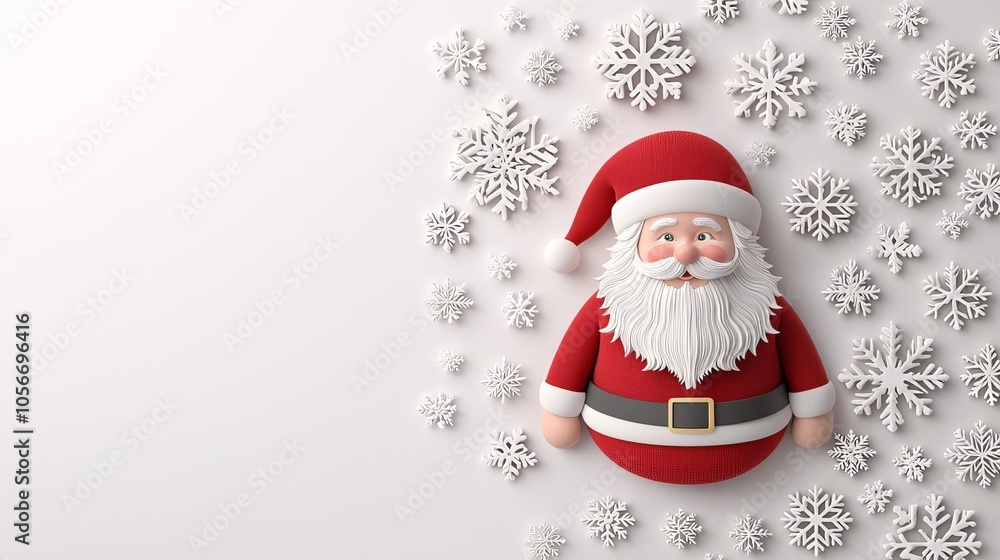 Santa Claus surrounded by delicate snowflakes, simple 3D illustration, minimalist white backdrop, Santa Snowflakes, Holiday Joy Santa Claus surrounded by delicate snowflakes, simple 3D illustration, minimalist white backdrop, Santa Snowflakes, Holiday Joy