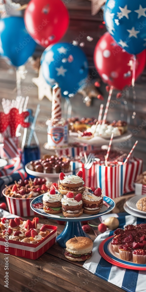 Fototapeta premium Casual indoor Memorial Day BBQ with red, white, and blue decorations.
