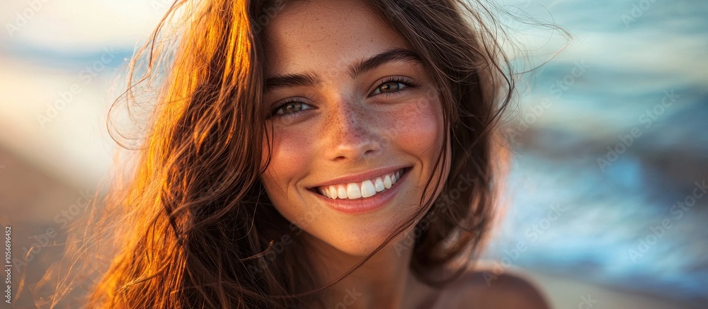 Portrait Of Beautiful Smiling Brunette Girl At Beach Portrait Of Beautiful Smiling Brunette Girl At Beach