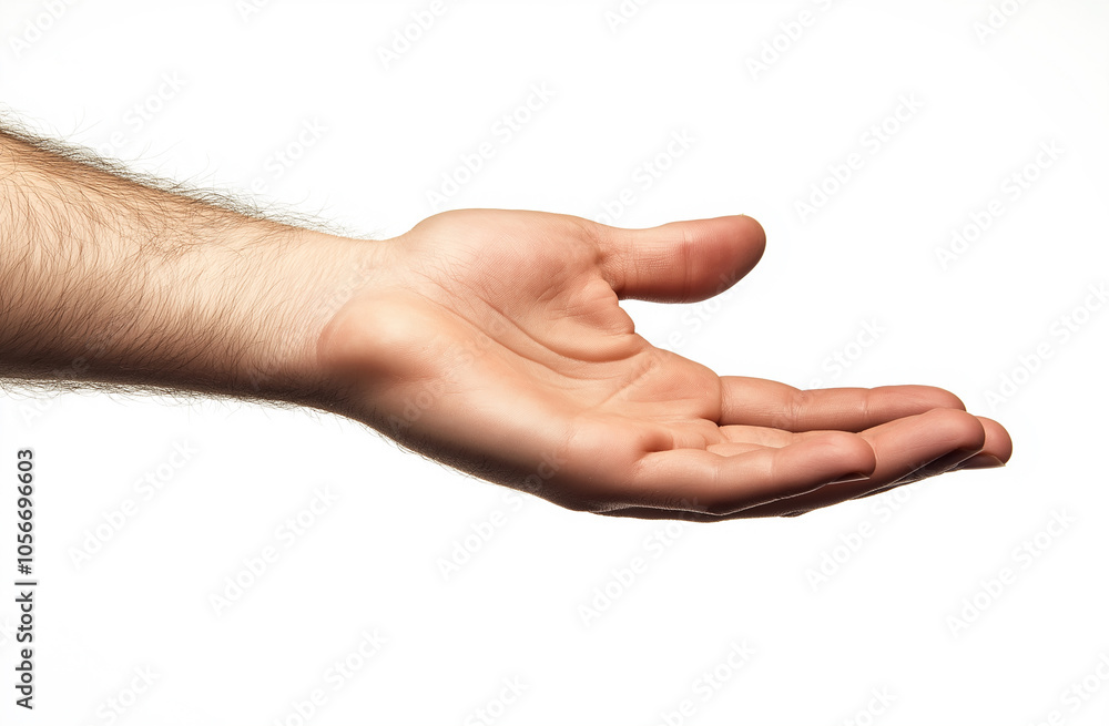 Close-up of a man's hand reaching out, isolated on a white background with a clipping path for commercial or social media post design templates Close-up of a man's hand reaching out, isolated on a white background with a clipping path for commercial or social media post design templates