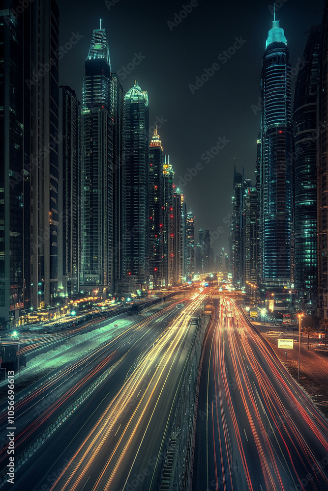 Naklejka premium Night view of the big city lights Beautiful lines