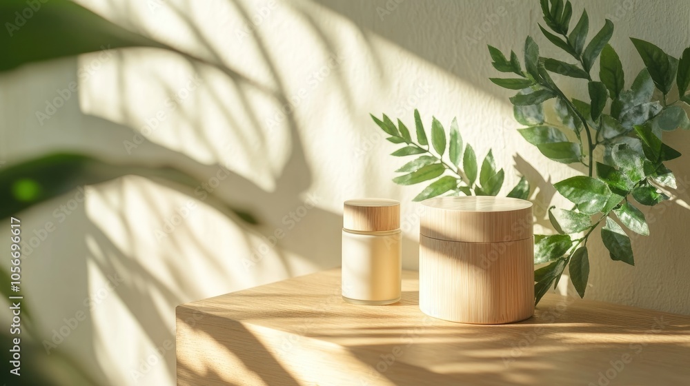 Minimalist Display of Natural Skincare Product with Sunlight and Greenery on a Wooden Surface Minimalist Display of Natural Skincare Product with Sunlight and Greenery on a Wooden Surface
