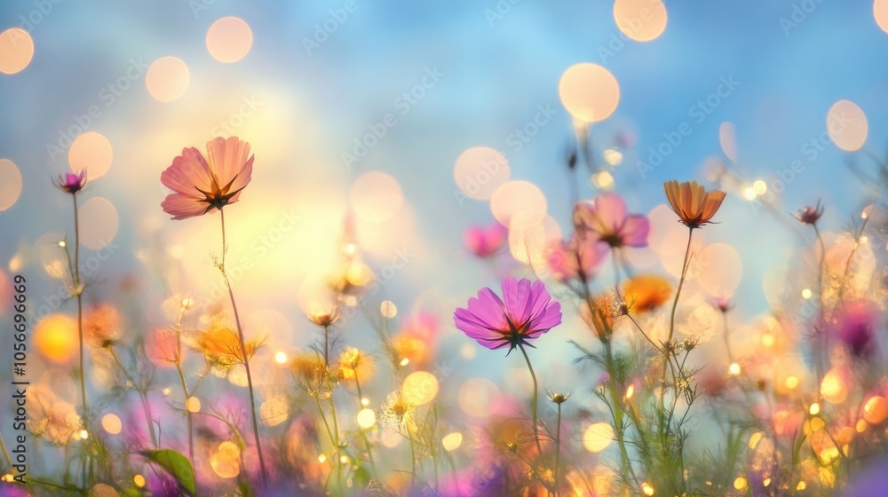 Vibrant flower meadow under a blue sky with bokeh lights creating a serene nature backdrop Ideal for invitations or greeting cards this beautiful floral scene is perfect for various designs Vibrant flower meadow under a blue sky with bokeh lights creating a serene nature backdrop Ideal for invitations or greeting cards this beautiful floral scene is perfect for various designs