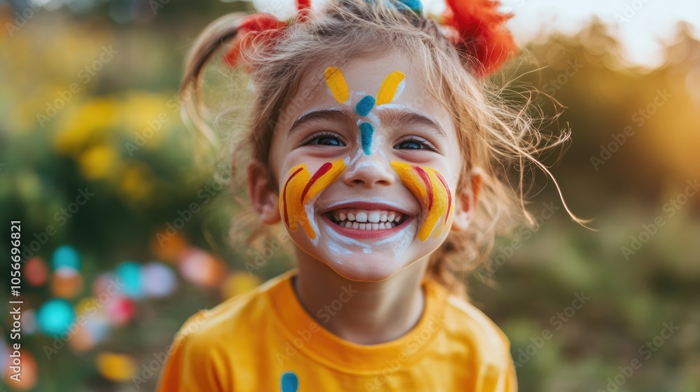 Joyful child with face paint enjoying a festive celebration outdoors with ample space for text Joyful child with face paint enjoying a festive celebration outdoors with ample space for text