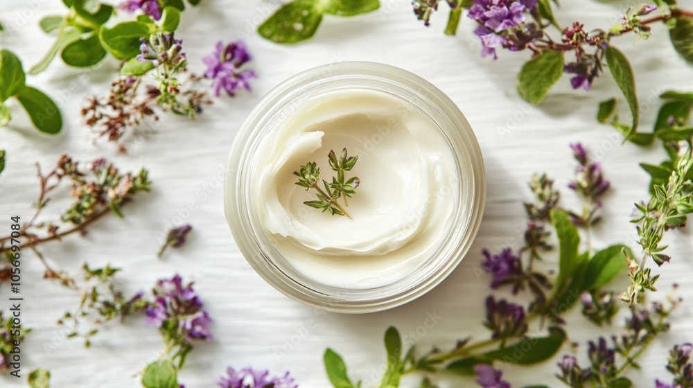 Top view of a jar filled with moisturizer cream featuring herbal extracts and organic natural ingredients Top view of a jar filled with moisturizer cream featuring herbal extracts and organic natural ingredients