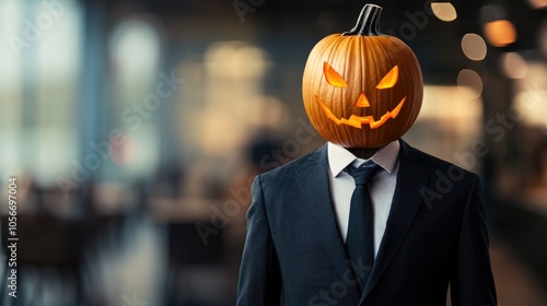 Businessman in a suit with a pumpkin for a head embodying a Halloween theme Blurred background enhances the focal point and provides ample space for text
